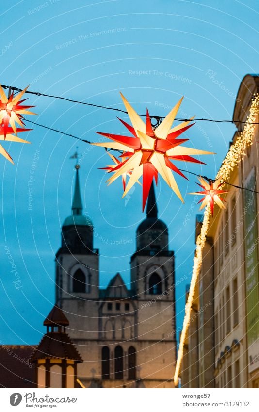 Magdeburg Christmas Market Germany Europe Capital city Downtown Old town Deserted Church Marketplace Tourist Attraction Illuminate Historic Town Blue Red Black