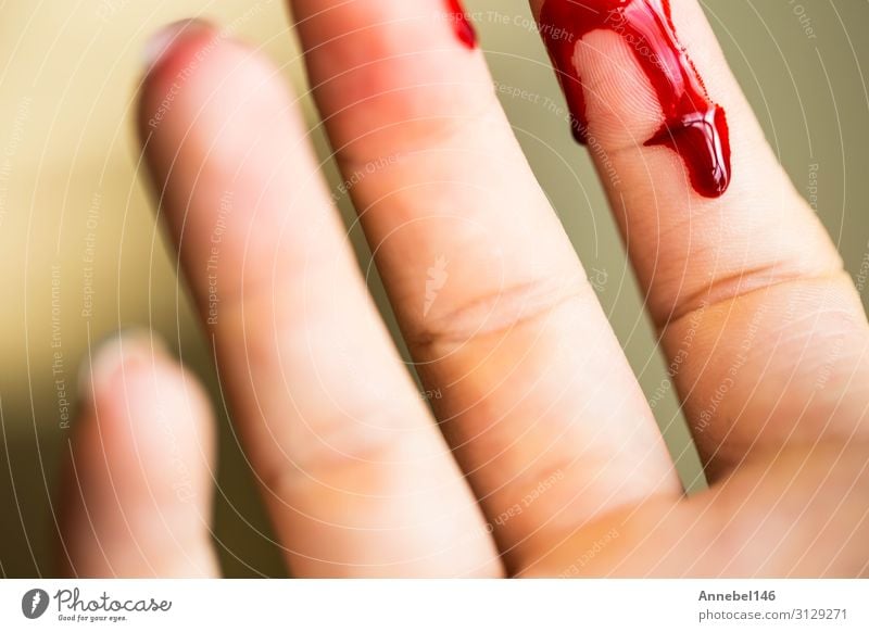 Finger cut, bleeding injured with knife Body Skin Health care Medication Hospital Human being Woman Adults Hand Fingers Drop Red White Pain Horror Cut Blood