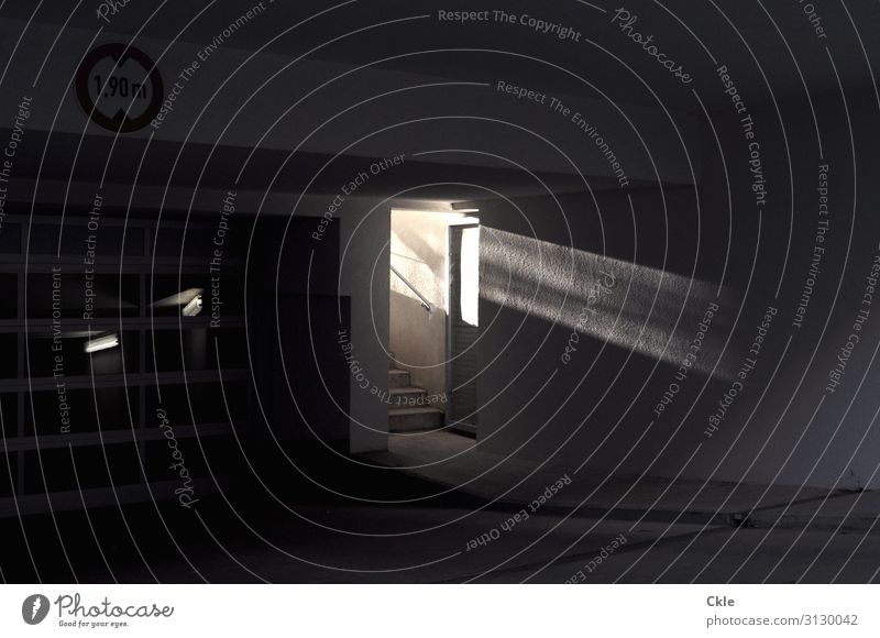 underexposure Deserted Parking garage Building Architecture Wall (barrier) Wall (building) Door Stairs Transport Traffic infrastructure Motoring Concrete Glass