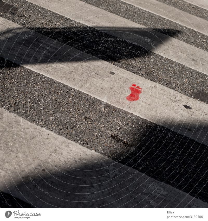 Red Footprint on Zebra Crossing Street Zebra crossing Threat Going Accident Dangerous way to school Pedestrian Tracks Road traffic Road safety Colour photo