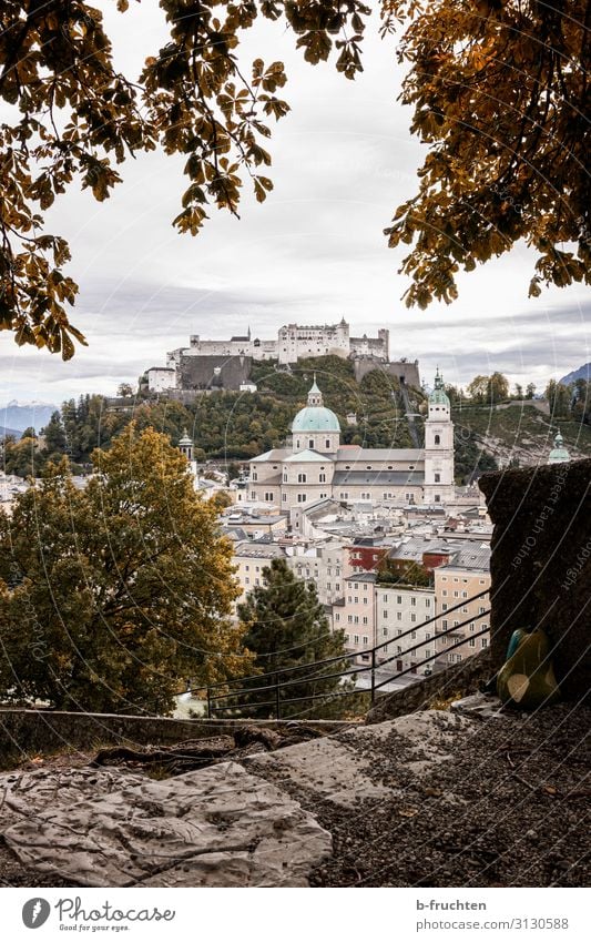Salzburg city view autumn Landscape Clouds Autumn Plant Bushes Town Old town Skyline Church Dome Castle Manmade structures Wall (barrier) Wall (building)