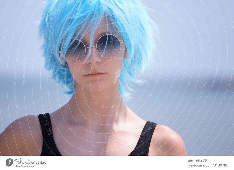 Hipster girl with blue hair and sunglass Young woman Youth (Young adults) Life 1 Human being 13 - 18 years Summer Beautiful weather Beach Hair and hairstyles