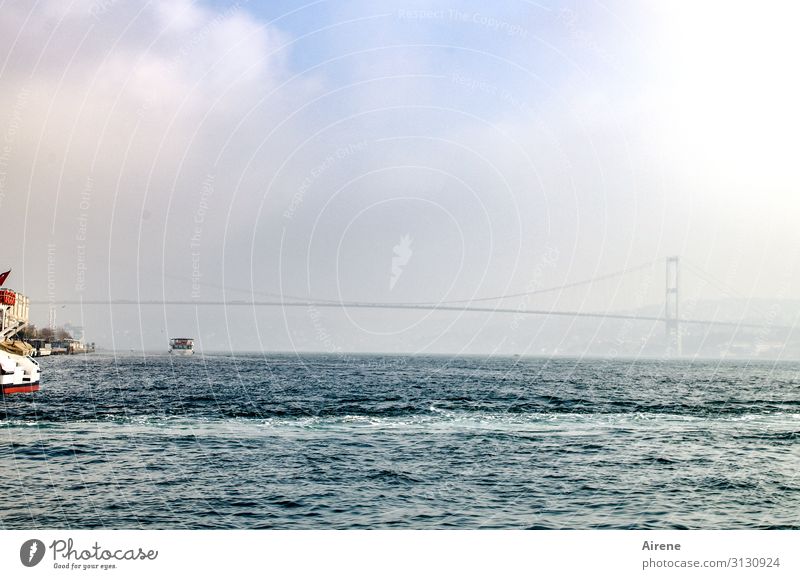 wafer-thin connection Vacation & Travel Water Sky Clouds Beautiful weather Fog Ocean The Bosphorus Istanbul Bridge Navigation Ferry Thin Elegant Gigantic