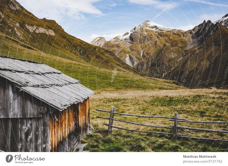 Cottage on a mountain pasture Vacation & Travel Tourism Mountain Hiking Environment Nature Landscape Autumn Beautiful weather Snowcapped peak Dolomites