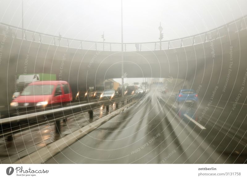 City motorway in the drizzle Car Highway Carbon dioxide Threat Dangerous Risk Autumn Deserted Wet Drizzle Rain Rainwater Drops of water Vacation & Travel