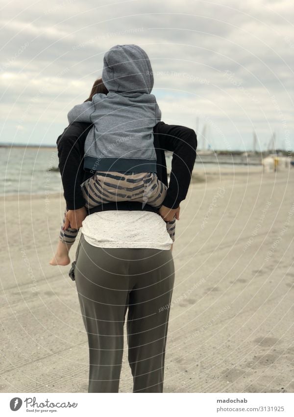 piggyback ride Human being Toddler Young woman Youth (Young adults) Mother Adults Family & Relations Infancy Life 2 Clouds Coast Beach Happy Contentment Trust
