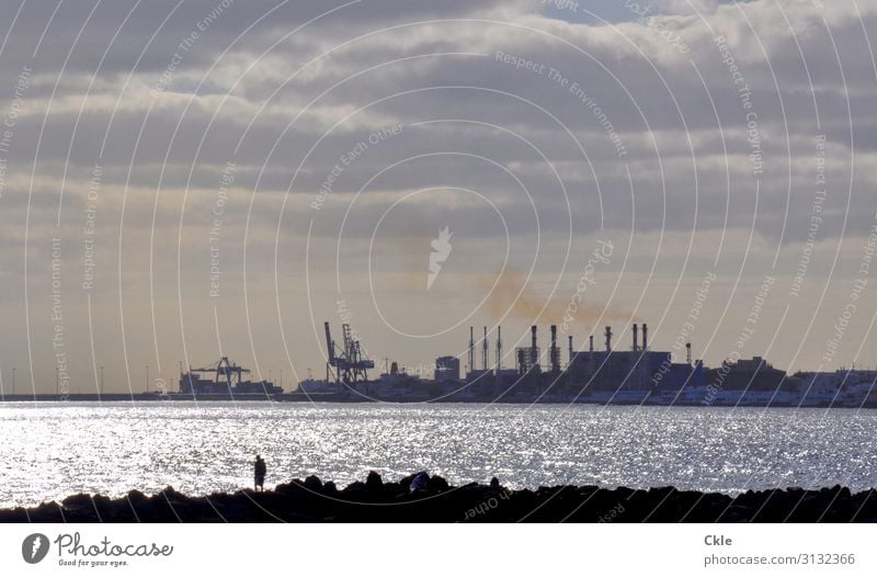 Anthropocene Human being Body Environment Landscape Water Sky Clouds Sunlight Coast Ocean Industrial plant Harbour Architecture Emission Stone Concrete Metal