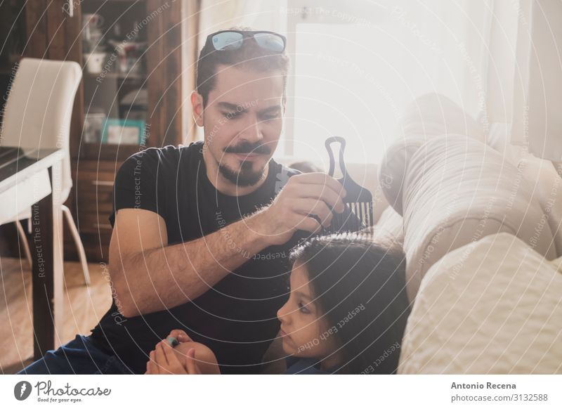 father combing Lifestyle Hair and hairstyles Sofa Living room Child Human being Man Adults Father Family & Relations Infancy Love Sit Together Modern