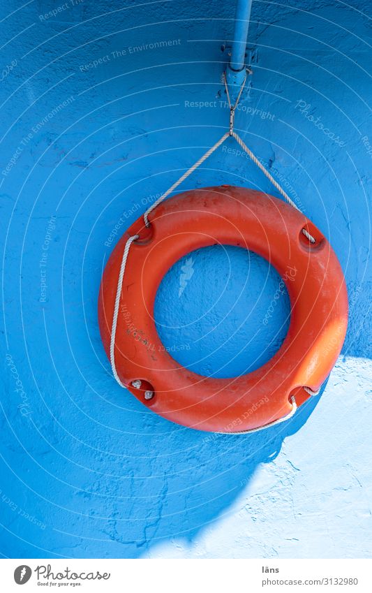 lifebelt Navigation Boating trip Passenger ship Simple Safety Life belt Red Blue Colour photo Exterior shot Deserted Copy Space right Copy Space bottom