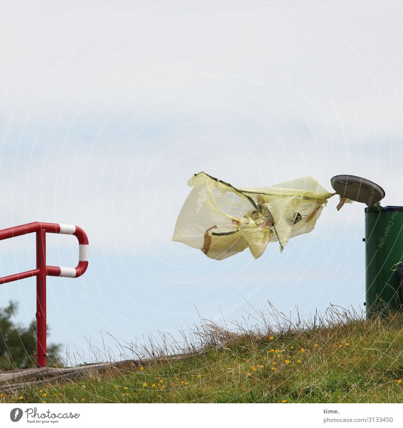 Trash! 2019 | Gone with the wind Sky Clouds Wind Gale Meadow Banister Trash container Garbage bag Might Curiosity Surprise Disbelief Nerviness Perturbed