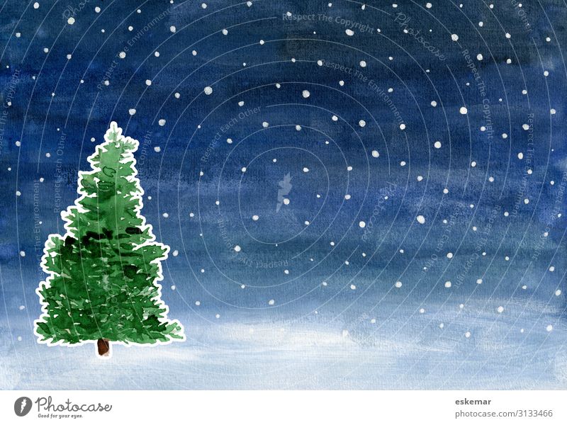 Watercolour Christmas Winter Feasts & Celebrations Christmas & Advent Christmas tree Art Painting and drawing (object) Watercolors Landscape Night sky Stars