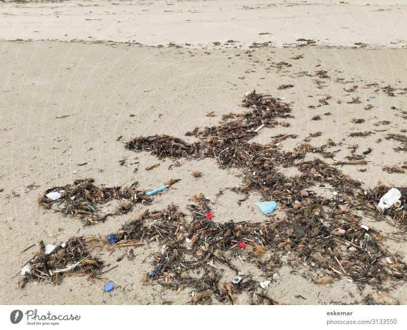 Plastic garbage on the beach Beach Island Environment Sand Coast Packaging Tube Plastic packaging Trash Plastic waste dirt filth Trashy Gloomy Many Brown