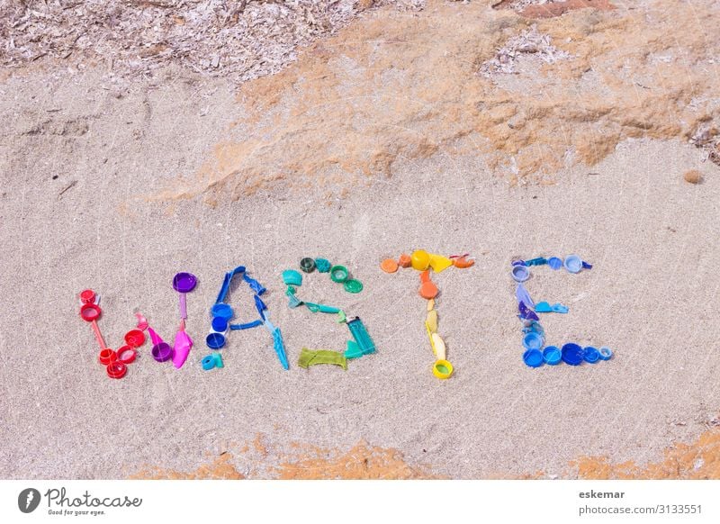 waste Beach Ocean Environment Sand Coast Packaging Tube Plastic packaging Trash Plastic waste Sign Characters Esthetic Dirty Trashy Gloomy Many Multicoloured