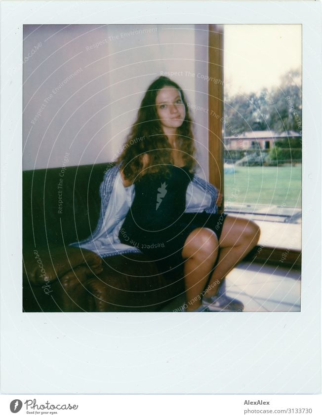 Polaroid: Young woman takes off her jacket Style already Living or residing Sofa Youth (Young adults) 18 - 30 years Adults Garden Balcony Window Dress Jacket