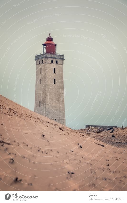 Moved Bad weather Coast Dune Denmark Lighthouse Tourist Attraction Old Historic Brown Red Colour photo Subdued colour Exterior shot Day Shallow depth of field