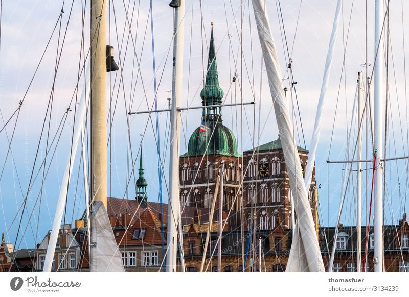 Masts of sailboats, behind them. Church Vacation & Travel Tourism Trip Sightseeing City trip Summer Aquatics Sailing Beautiful weather Baltic Sea Stralsund