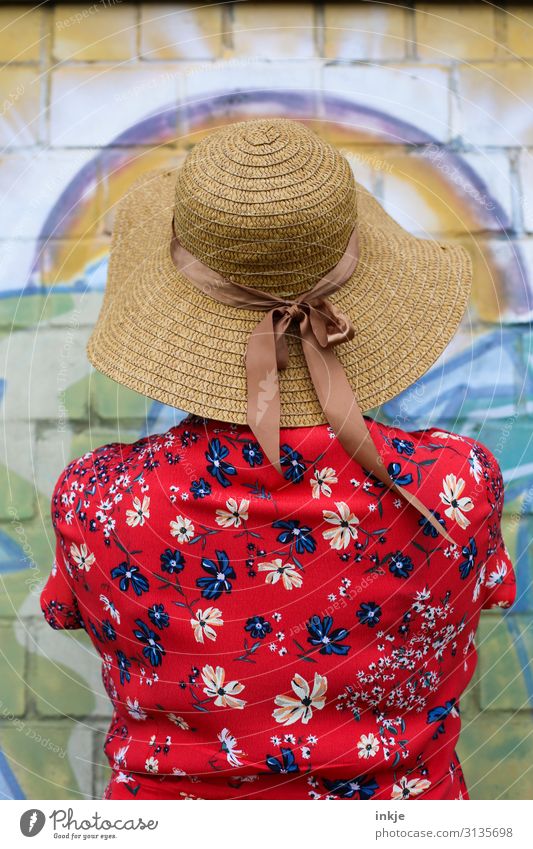 Rear view woman with straw hat Lifestyle Style pretty Leisure and hobbies Feminine Woman Adults Senior citizen Back 1 Human being 18 - 30 years
