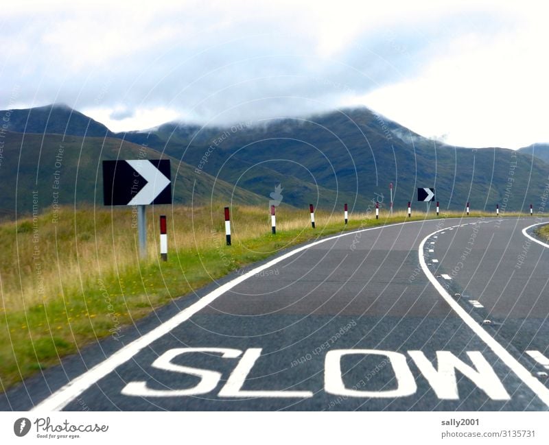Written || slowly now... Landscape Mountain Scotland Great Britain Transport Traffic infrastructure Road traffic Motoring Street Lanes & trails Road sign Sign