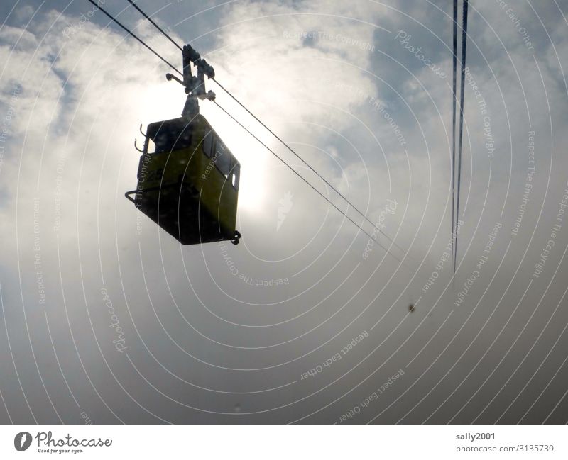 into the unknown... Clouds Weather Fog Cable car Gondola Movement Hang Above Adventure Loneliness Logistics Upward Alps Ambiguous Colour photo Exterior shot Day