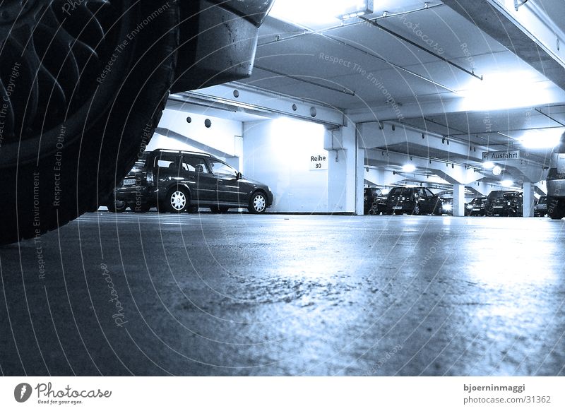 cool underground Underground garage Garage Cold Worm's-eye view Deserted Loneliness Neon light Wide angle Long exposure Architecture on the ground Blue Car Lie