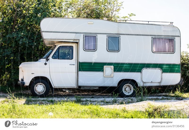 Old white camper bus. Vintage van. Lifestyle Style Relaxation Vacation & Travel Tourism Trip Adventure Summer Engines Transport Street Vehicle Car Mobile home