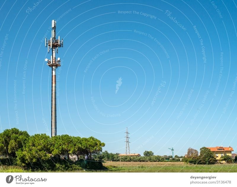 5G antenna outside the city. GSM Antenna in the nature. Industry Telecommunications Telephone Cellphone Technology Internet Sky Aircraft Metal Steel Blue tower