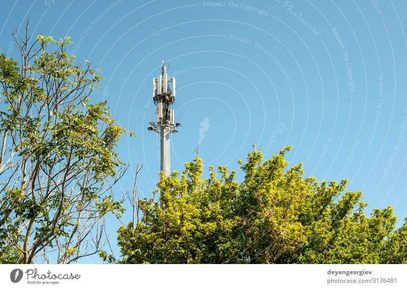 5G antenna outside the city. GSM Antenna in the nature. Industry Telecommunications Telephone Cellphone Technology Internet Sky Aircraft Metal Steel Blue tower