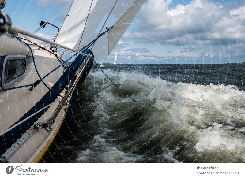 Sailing boat in wind and waves Leisure and hobbies Vacation & Travel Adventure Far-off places Freedom Summer vacation Ocean Waves Aquatics Yacht Sky Clouds
