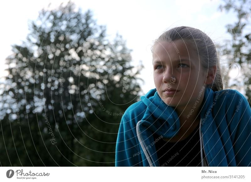 pause Feminine Young woman Youth (Young adults) 1 Human being Landscape tree Park Long-haired braid natural Blue Observe Meditative Timidity already