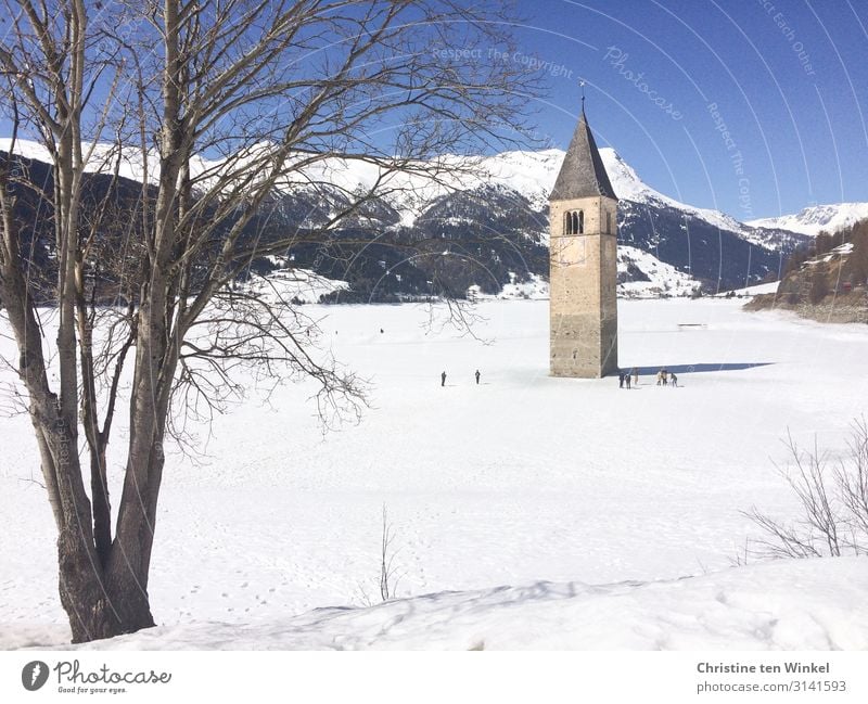 Church tower in the frozen and snowy Reschensee in South Tyrol Vacation & Travel Tourism Winter Snow Winter vacation Mountain Human being Group Nature Landscape