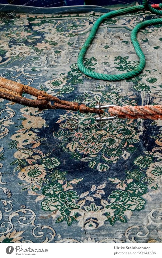 Old carpet on fishing boat with rope Fishing boat boat deck Carpet old carpet Dew Rope shackle Connection Maritime Harbour Navigation fishing cutter Watercraft