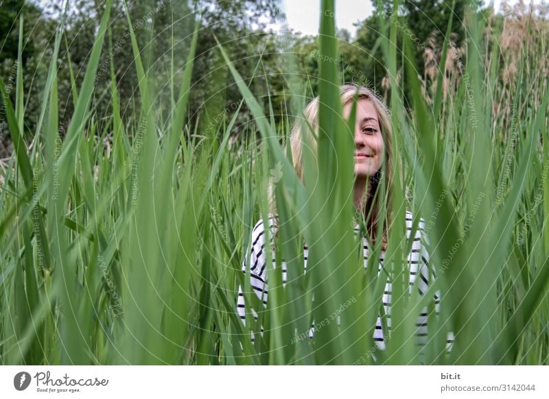 In the reeds Human being Feminine Young woman Youth (Young adults) Nature Plant Joy luck Happiness Contentment Joie de vivre (Vitality) Common Reed Day portrait