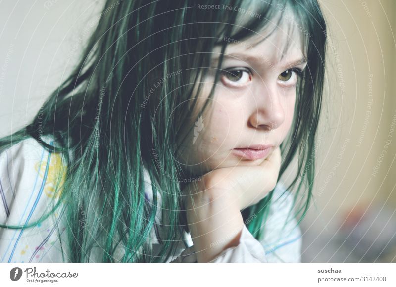 thoughtful with green hair Child Girl Head Face Portrait photograph Half-profile Eyes youthful Infancy Think Meditative sunny Go under Thought Boredom Adults