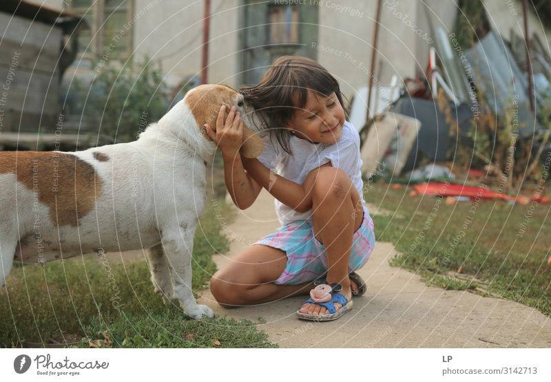 dog sniffing a happy child Parenting Education Kindergarten Child Agriculture Forestry Telecommunications Nature Garden Animal Pet Farm animal Dog Emotions