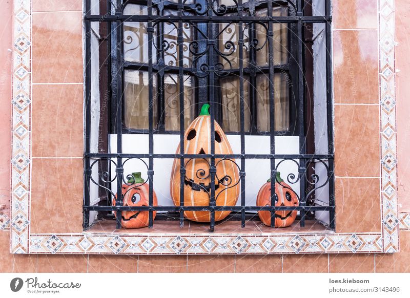 Three smiling pumpkins in a colonial window Joy Vacation & Travel Tourism Far-off places Sightseeing City trip Event Hallowe'en Work of art Sculpture Culture