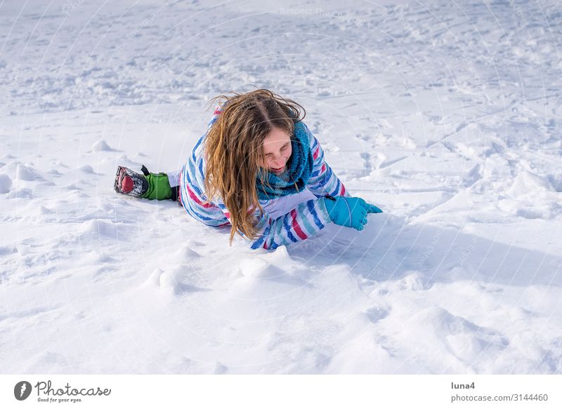 Girl falls in the snow Joy luck Contentment Leisure and hobbies Vacation & Travel Winter Snow Child girl Landscape Weather peel Laughter Happiness chill