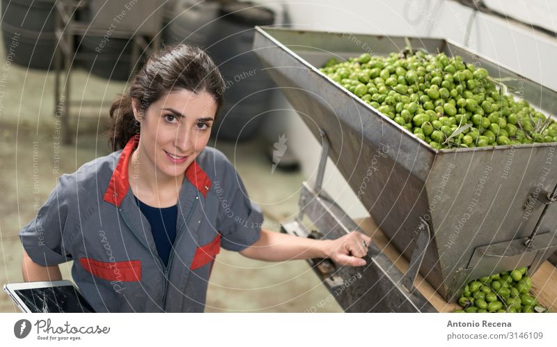 Woman in olives factory Fruit Work and employment Profession Workplace Factory Industry Business Technology Adults Arm Packaging Smiling Fresh Protection