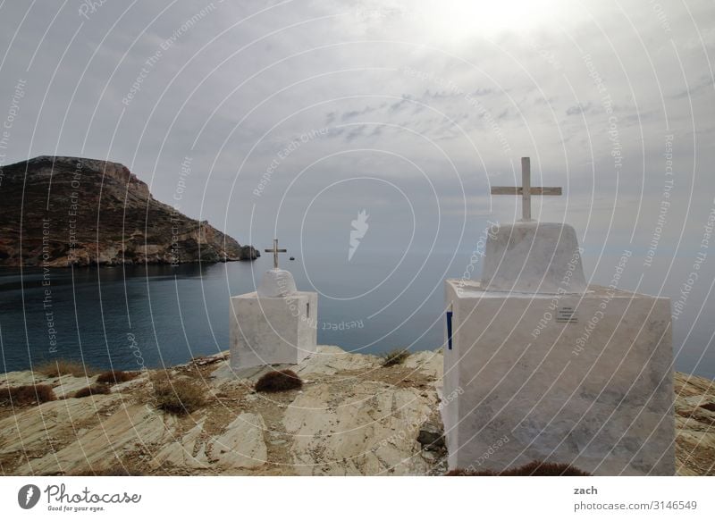 Crisscrossed Landscape Sky Clouds Hill Coast Ocean Mediterranean sea Aegean Sea Island Folegandros Cyclades Greece Village Fishing village Church Crucifix Gray