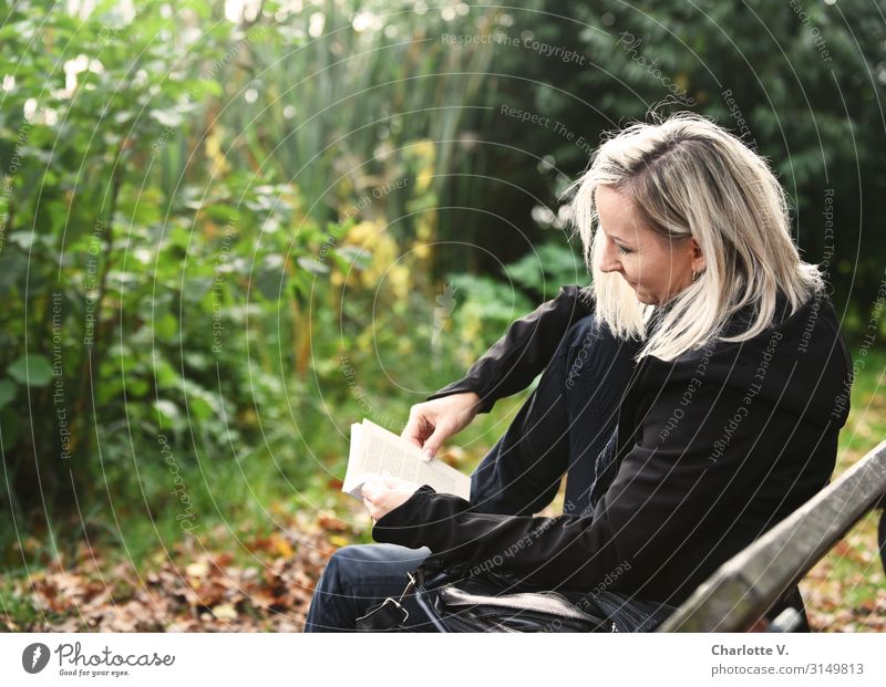 Read | UT HH 19 Feminine Woman Adults Human being 30 - 45 years Culture Media Print media Book Reading Nature Plant Autumn Beautiful weather Bushes Park Blonde