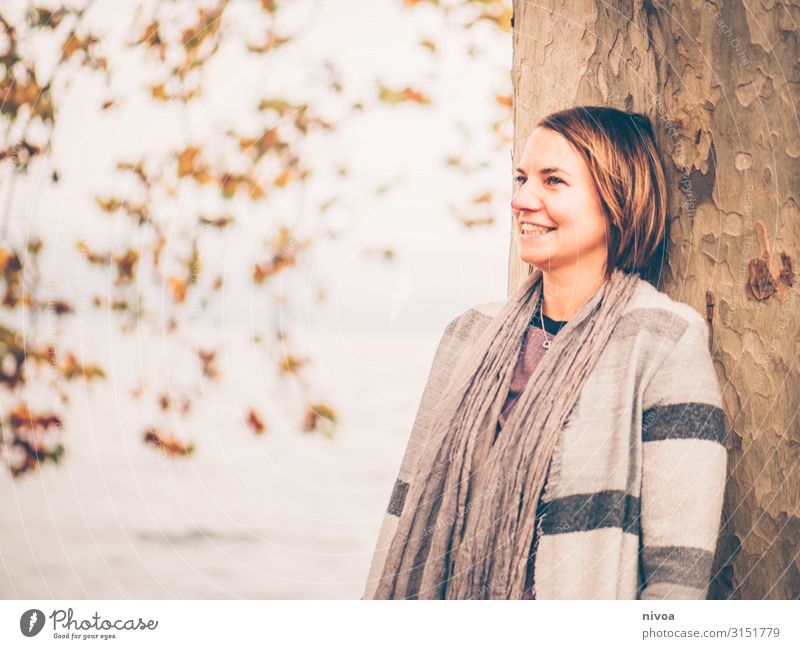 Happy autumn portrait of a woman Far-off places Freedom Waves Human being Feminine Woman Adults Body Head 1 30 - 45 years Nature Elements Water Autumn Climate