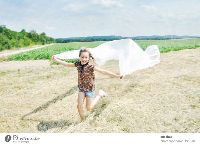 frolicsomely Happiness Exuberance Freedom Child Infancy Playing Happy Joy Running Romp Flying Field Nature plastic plastic tarpaulin plastic foil Environment