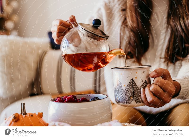 woman having a cup of tea at home during breakfast. Cute golden retriever dog besides. Healthy breakfast with fruits and sweets. lifestyle indoors Woman Dog
