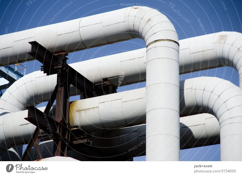 Pipeline in front of a blue sky Energy industry Cloudless sky Bracket Classification Metal Rust Network Authentic Gray Arrangement Weathered Ravages of time