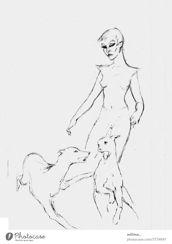 Sketch of a woman with two dogs sketch Drawing Conceptual design Illustration Woman Feminine Dog 2 dog owner Art Dominant Copy Space Neutral Background B/W