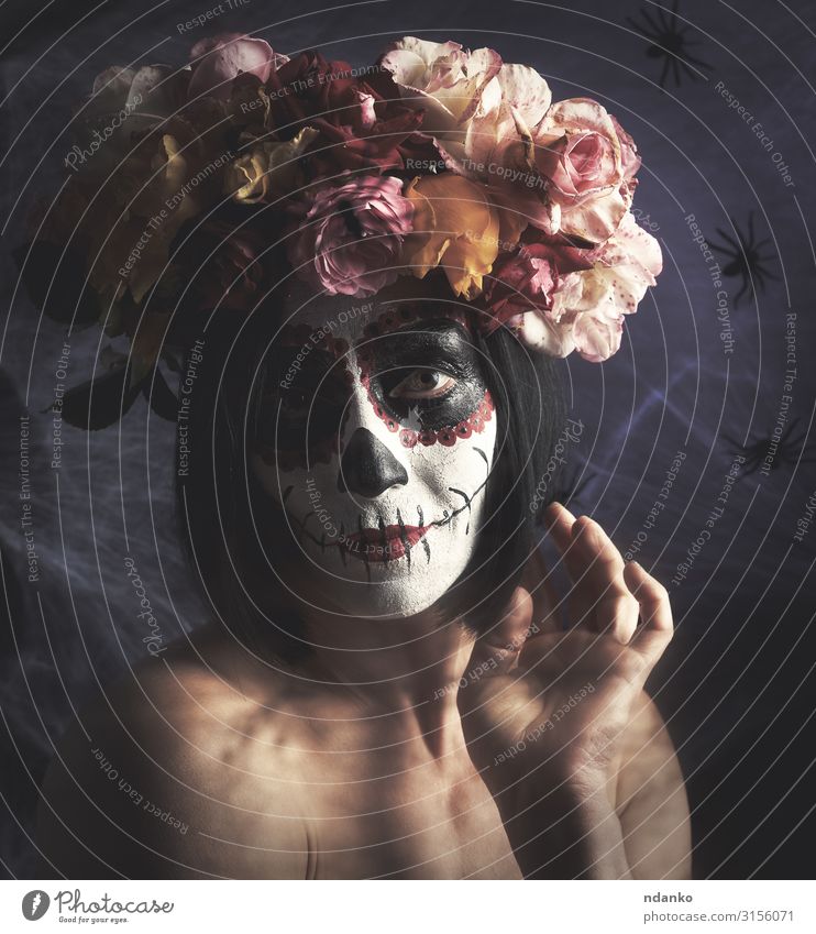 beautiful girl with traditional mexican death mask Beautiful Face Make-up Feasts & Celebrations Hallowe'en Woman Adults Art Autumn Flower Fashion Dark Red Black