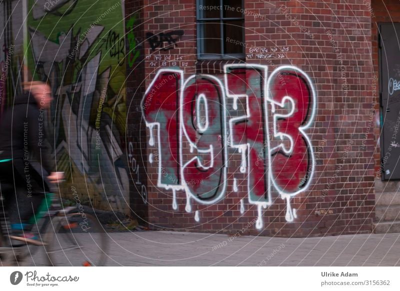 1973 Graffiti Hamburg Stone Sign Digits and numbers Drop Driving Exceptional Hip & trendy Crazy Red White Design Town Past Brick Wall (barrier) Cycling