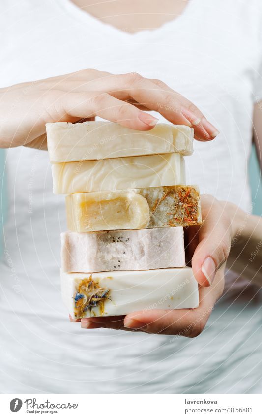 Woman's hands holding a stack of handmade soap Cosmetics brick Crafty diy Natural Routine Beauty Photography Fresh bar Bathroom Body Personal hygiene Faceless