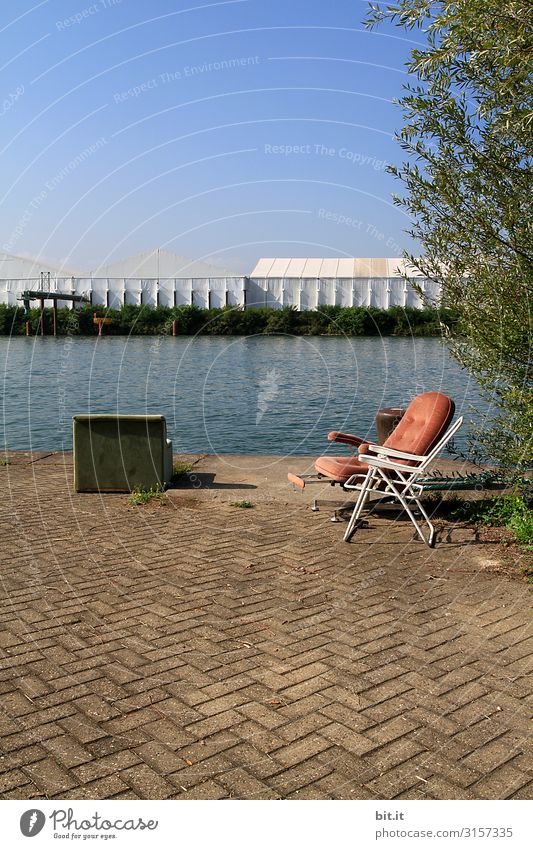 Old armchair and chair, on the Rhine in Basel. Calm Summer Water Sky Beautiful weather Architecture Loneliness River bank Armchair Chair Broken Retro