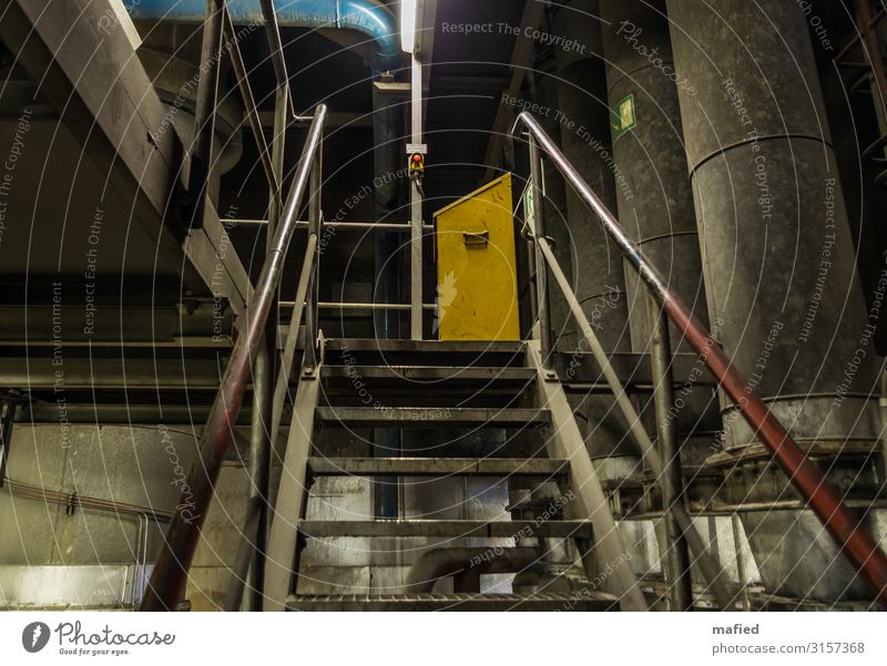 Emergency Off Energy industry Coal power station Industrial plant Building Stairs Steel Blue Yellow Gray Red Switch Pipe Colour photo Subdued colour