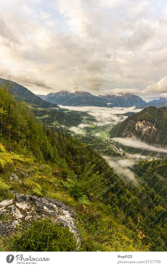 Alps in the Berchtesgaden region Environment Nature Landscape Plant Sky Clouds Sunrise Sunset Autumn Weather Beautiful weather Fog Tree Grass Forest Rock
